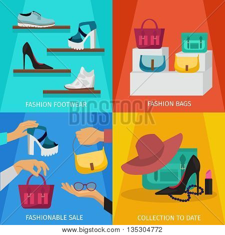 Square fashion accessories icon set with descriptions of fashion footwear fashion bags fashionable sale and collection to date vector illustration