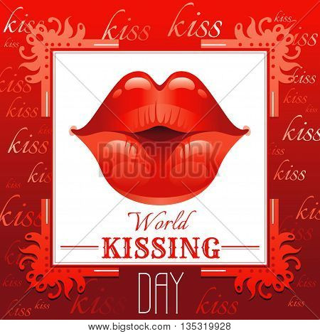 Sexy kissing woman lips with red lipstick on red background. Icon with text and vintage frame for greeting card design. Beautiful close up kiss vector illustration