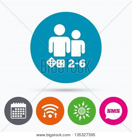 Wifi, Sms and calendar icons. Board games sign icon. From two to six players symbol. Dice sign. Go to web globe.