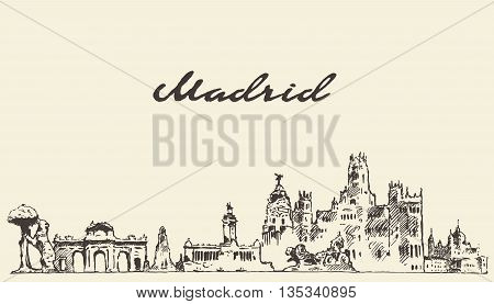 Madrid skyline vector engraved illustration hand drawn sketch