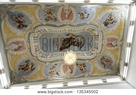 OEIRAS, PORTUGAL - November 4, 2015: The magnificent ceiling of the Great Hall of the Palace of Oeiras, on November 4, 2015 in Oeiras, Portugal