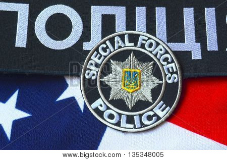 ILLUSTRATIVE EDITORIAL.Chevron of Ukrainian new pro-american police.June 7,2016 in Kiev, Ukraine