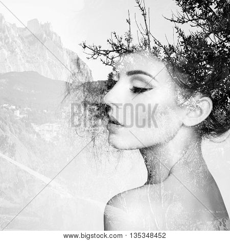 Portrait of beautiful sensual woman with elegant hairstyle. Fashion photo. Double exposure portrait of woman combined with photograph of nature