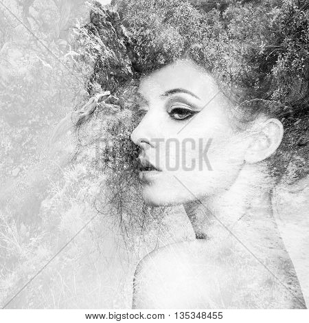 Portrait of beautiful sensual woman with elegant hairstyle. Fashion photo. Double exposure portrait of woman combined with photograph of nature