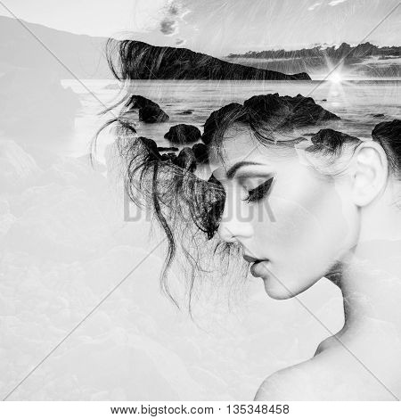 Portrait of beautiful sensual woman with elegant hairstyle. Fashion photo. Double exposure portrait of woman combined with photograph of nature