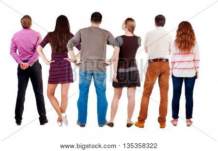 Back view group of people  looking. Rear view team people collection.  backside view of person.  Isolated over white background.