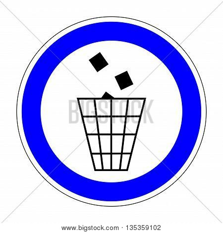 Sign place for littering. Flat symbol of garbage. Modern art scoreboard. Allowed graphic image. Plane refuse mark in blue circle on white background. Recycle figure. Stock vector illustration