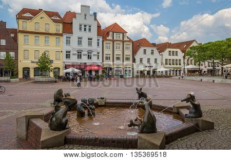 LINGEN, GERMANY - JUNE 4, 2016: Fountain at the central market square in Lingen, Germany