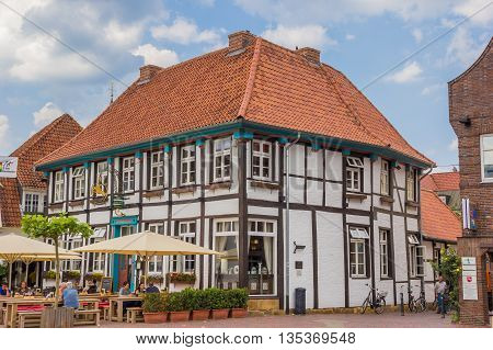LINGEN, GERMANY - JUNE 4, 2016: Half timbered house at the central square in Lingen, Germany