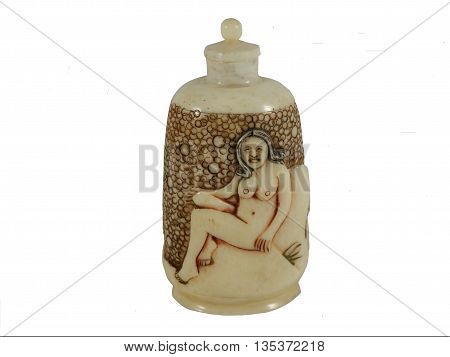 Antique carved bone snuff or opium bottle depicting a nude women