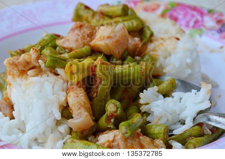 stir-fried curry yard long bean with fat pork for Thai easy meal