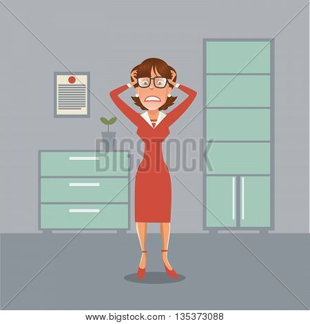 Stressed Business Woman Having a Headache in Office. Vector illustration