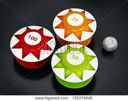 Pinball bumpers and metal ball on black background. 3D illustration.