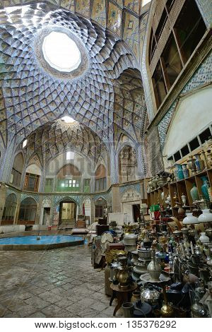 KASHAN IRAN - APRIL 20: Interior of market (Bazaar) in Kashan Iran on April 20 2015. Bazaar of Kashan is the most important tourist attraction in Kashan Iran.