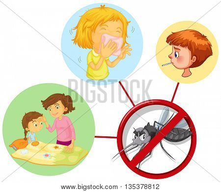 Children being sick from mosquito illustration