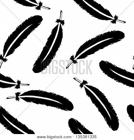 Black feathers on transparent background pattern. Vector illustration.