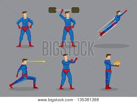 Vector cartoon illustration of superhero character showing super power and superhuman abilities isolated grey background.