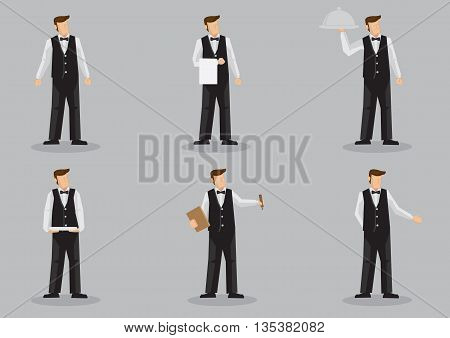 Set of six vector cartoon illustration of waiter character isolated on grey background.
