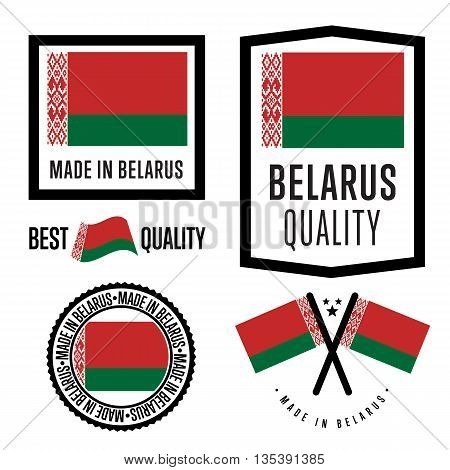 Made in Belarus label set. Vector Belarus flag. Symbol of quality. Manufacturing by Belarus. Tags and sticker collection. Vintage and modern stamp.