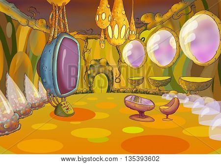 Digital Painting Illustration of a Spaceship Cabin Futuristic Interior Cartoon of Cosmic Spacecraft in SciFi Galaxy. Fantastic Cartoon Style Character Fairy Tale Story Background Card Design.