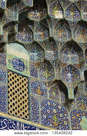 ISFAHAN - APRIL 19: detail of exterior of the Sheikh Lotfollah Mosque in Isfahan Iran on April 19 2015. Construction of the mosque started in 1603 and was finished in 1619.
