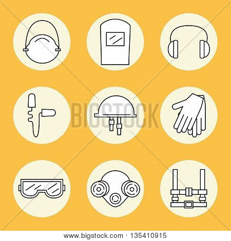 Individual protection. Set of icons of personal protective equipment in construction. Protective equipment for eyes head ears hands lungs and the body. Body protection and health. Vector illustration.