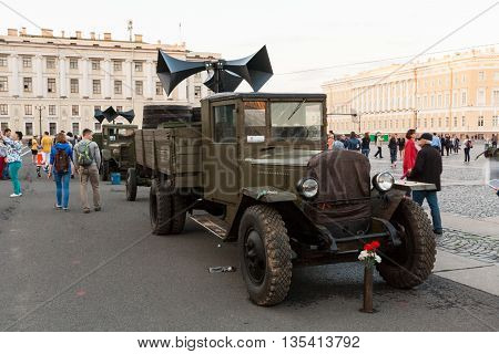 RUSSIA SAINT-PETERSBURG JUNE 21 2016: GAZ-AA truck (polutorka lorry) with an audio warning system on the Palace Square in St. Petersburg.