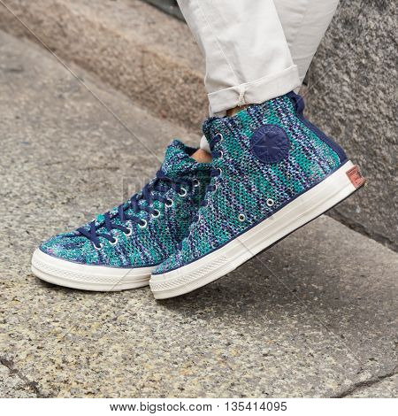 MILAN ITALY - JUNE 19: Detail of shoes outside Missoni fashion show building during Milan Men's Fashion Week on JUNE 19 2016 in Milan.