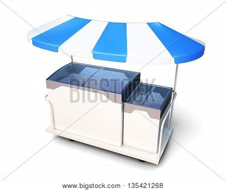 Mobile stall with ice cream under a canopy isolated on a white background. 3d rendering.