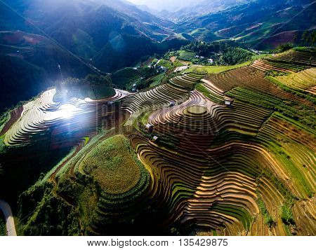 Terraced rice field in water season from drone in Mu Cang Chai, Vietnam.