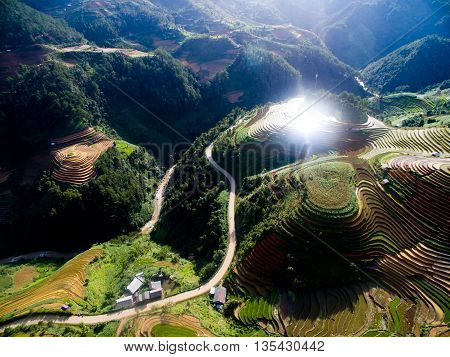 Terraced rice field in water season from above in Mu Cang Chai, Vietnam.