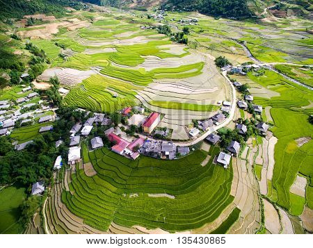Terraced rice field in water season from above in Mu Cang Chai, Vietnam.