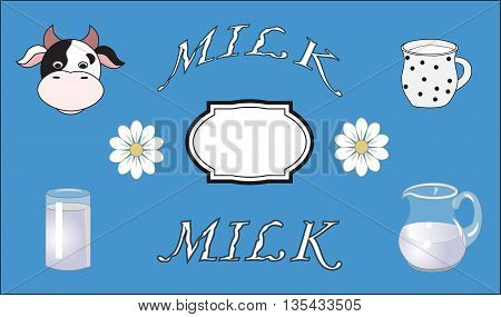 set of elements for a milk label on a blue background