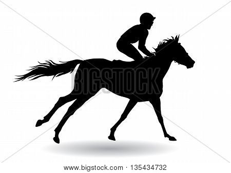 Jockey riding a horse. Horse races. Competition. Silhouettes on a white background.