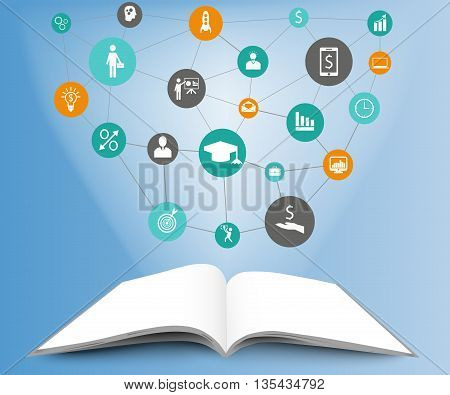 Illustration of infographic template in open book. Open book on blue background with icons. Infographic design concept