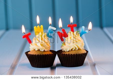 Cupcake With A Candles For 20 - Twentieth Birthday