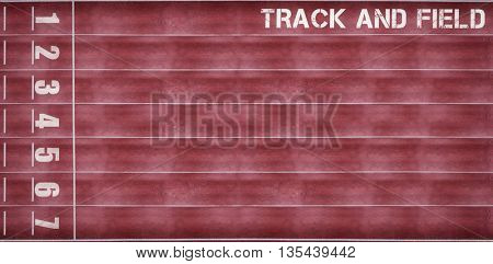 Track and field message on a white background against overhead view of race track