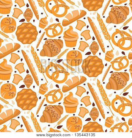 Seamless Pattern For Bakery Theme With Bread,loaf, Croissant, Cupcakes, Pretzel And Spike. Vector Il