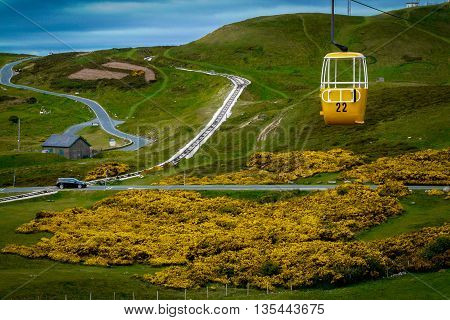 A yellow cable car exactly matches the yellow gorse below it
