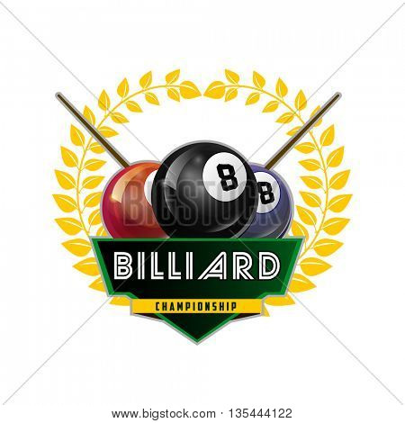 Vector Design Billiards, pool and snooker sport icon. Poolroom emblems design with balls, laurel wreath. Vector Illustration. Isolated on White.