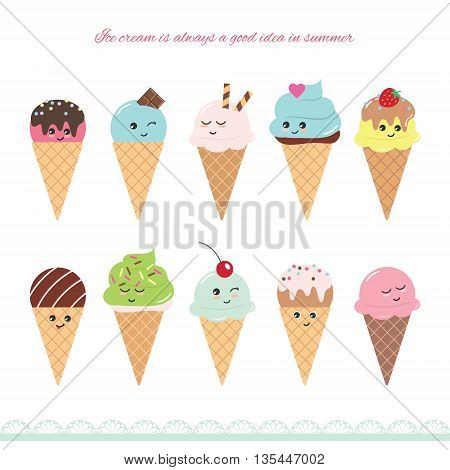  ice cream cone set. Cute cartoon characters.