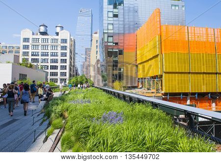 NEW YORK CITY - MAY 28 : The High Line Park in NYC on May 28 2016. The High Line is a public park built on an historic freight rail line elevated above the streets on Manhattans West Side.