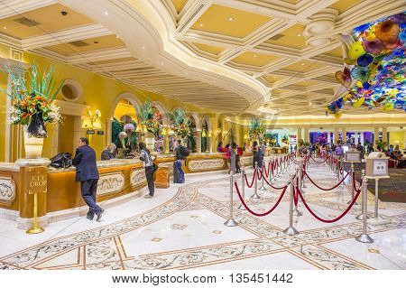 LAS VEGAS - JUNE 14 : The Bellagio hotel loby on June 14 2016 in Las Vegas. Bellagio is a luxury hotel and casino located on the Las Vegas Strip. The Bellagio opened on 1998.