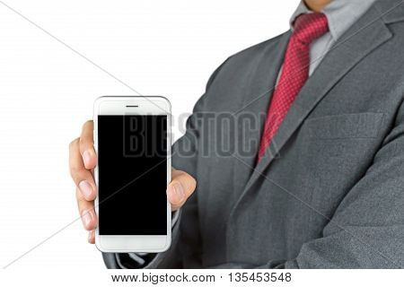 Businessman showing a blank phone screen for copy space isolated on white background with clipping path