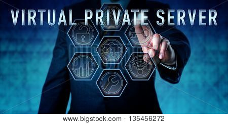 Administrator pressing VIRTUAL PRIVATE SERVER on an interactive control monitor. Business metaphor and computer network security concept for a virtual machine licensed from a hosting service.