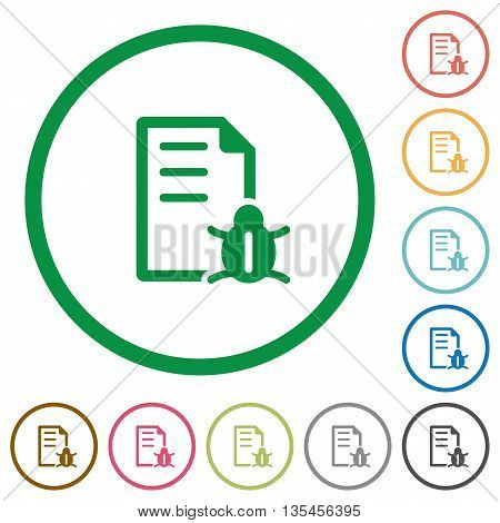 Set of bug report color round outlined flat icons on white background