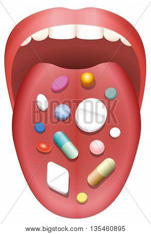 Pills and capsules distributed on a stuck out tongue of a patient. Isolated vector illustration on white background.