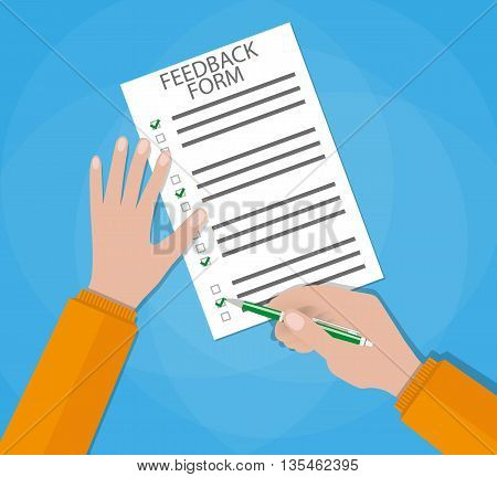 Hand holding customer survey paper and pencil. feedback concept, customer service, quality control. vector illustration in Flat style on blue background