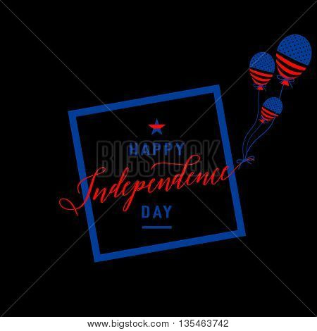 Fourth of July background. Felicitation cool fun postcard. USA Happy Independence day greeting card. Vector illustration with flag, balloon, star for congratulation american people isolated on black.