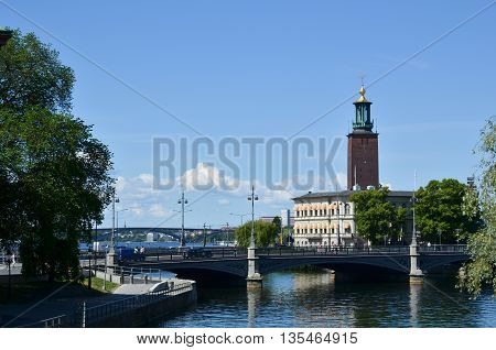 STOCKHOLM, SWEDEN - JUNE 13, 2016: View at the City Hall tower in Stockholm in Sweden